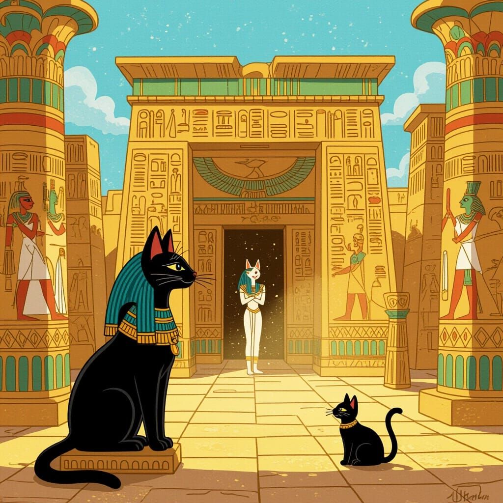 Cute Cat Visits Ancient Egyptian Bastet Temple