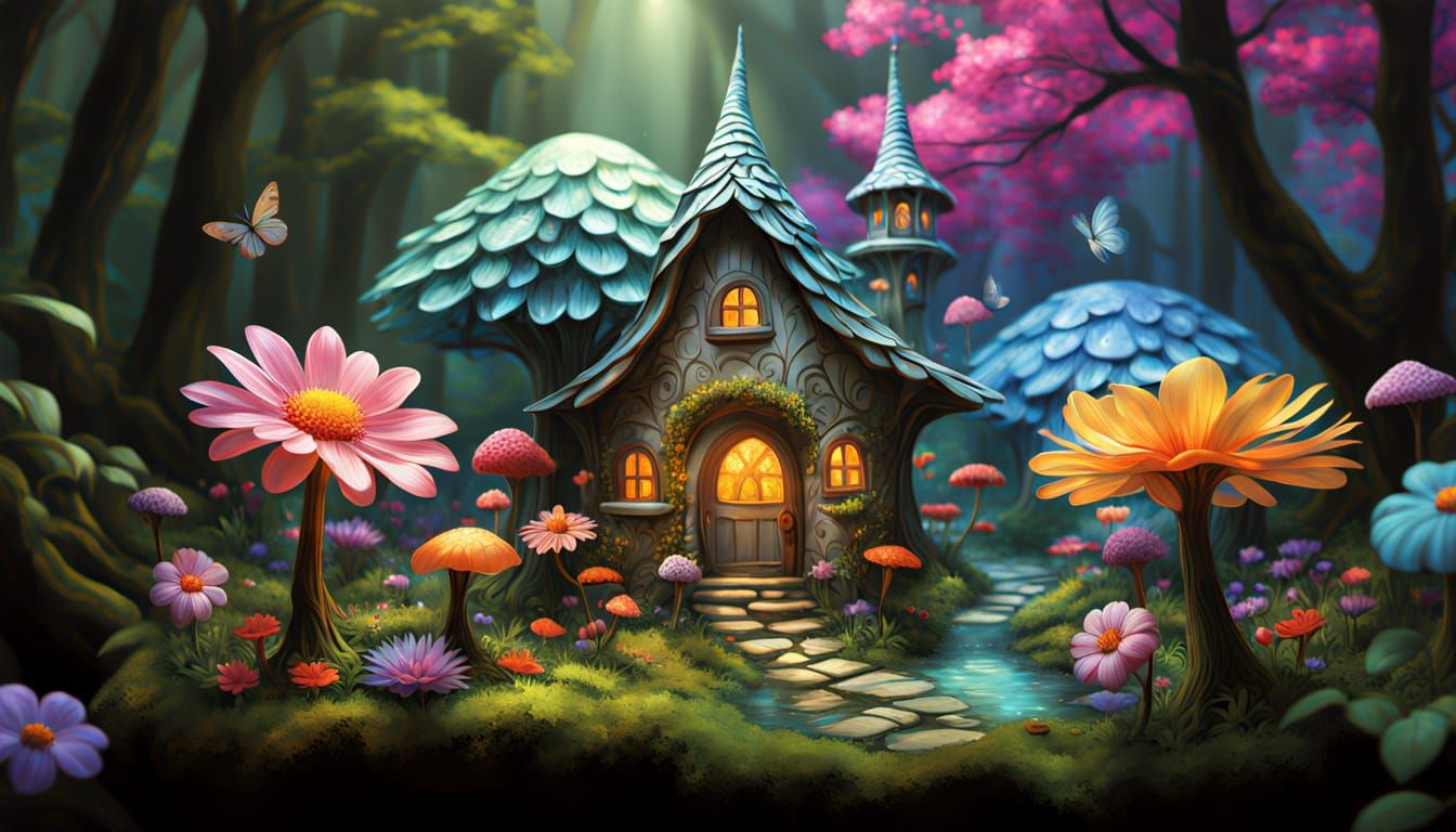 Enchanting Fairy Village Among Luminous Flowers