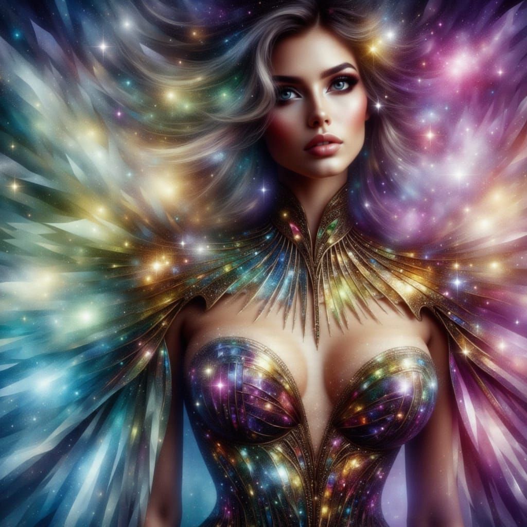 Woman in Holographic Corset with Celestial Motifs
