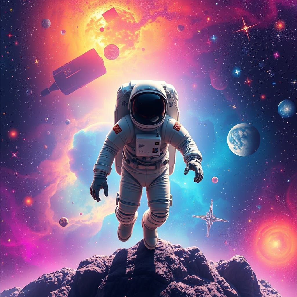 Astronaut Among Vibrant Stars in Digital Art