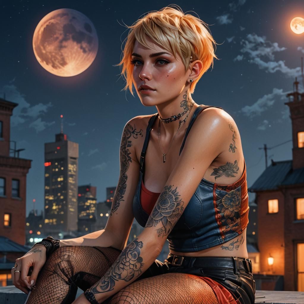Brujah Vampire Watches Moon in Gothic Punk Style