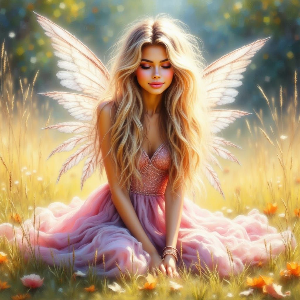 Fairy Girl in Grassy Field: Watercolor Acrylic