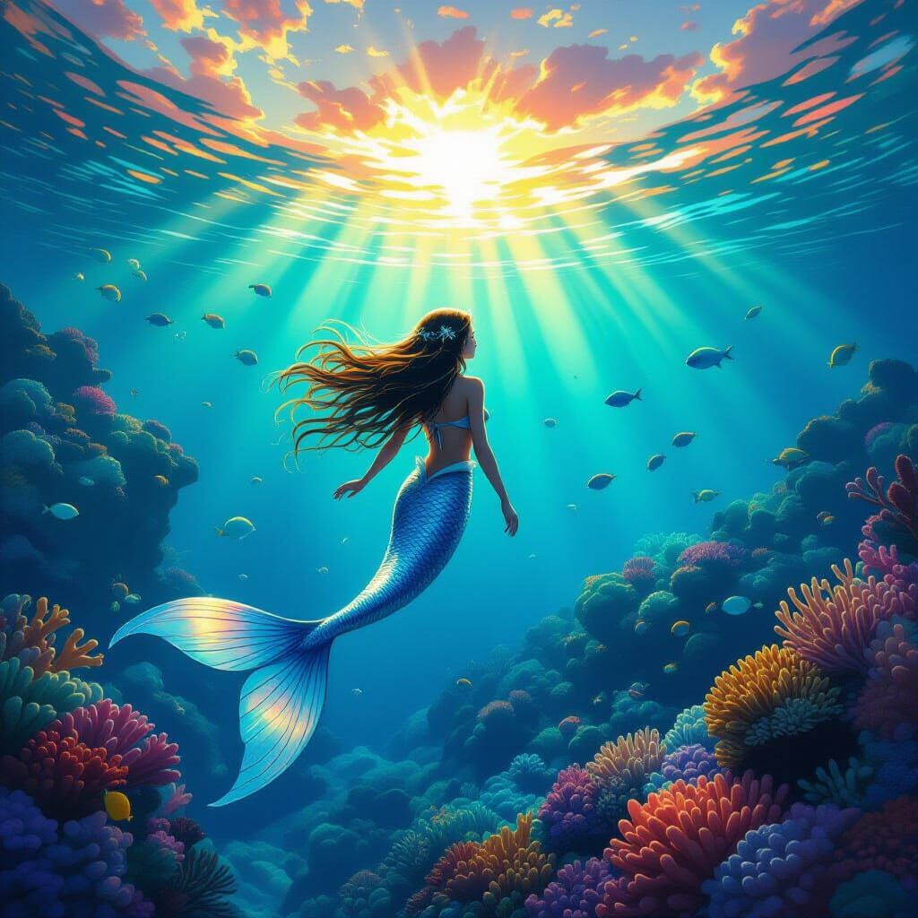 Mermaid in Coral Reef: Digital Art with Cinematic Lighting