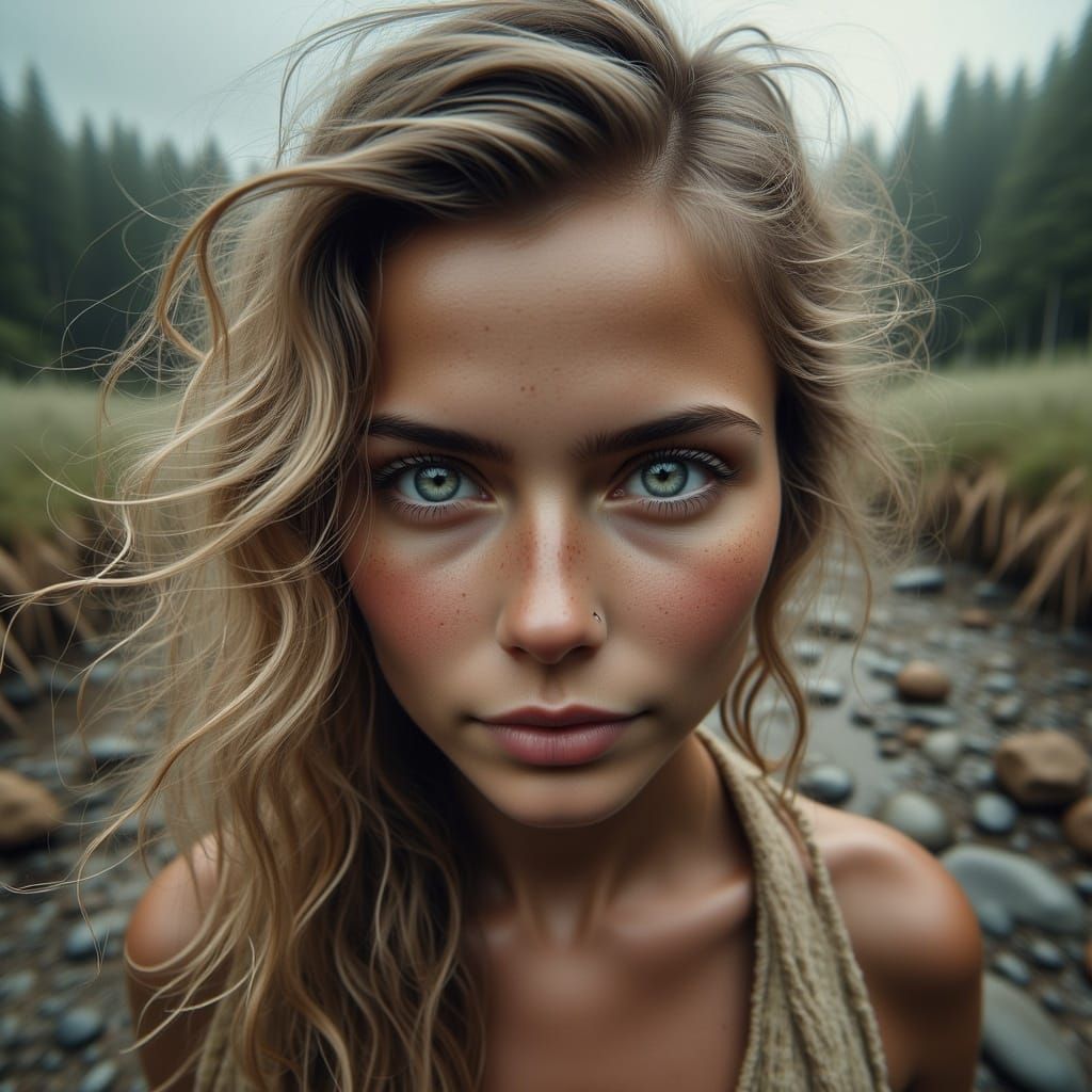 Ethereal Young Woman in Earth-Toned Attire, Frozen in Moment...