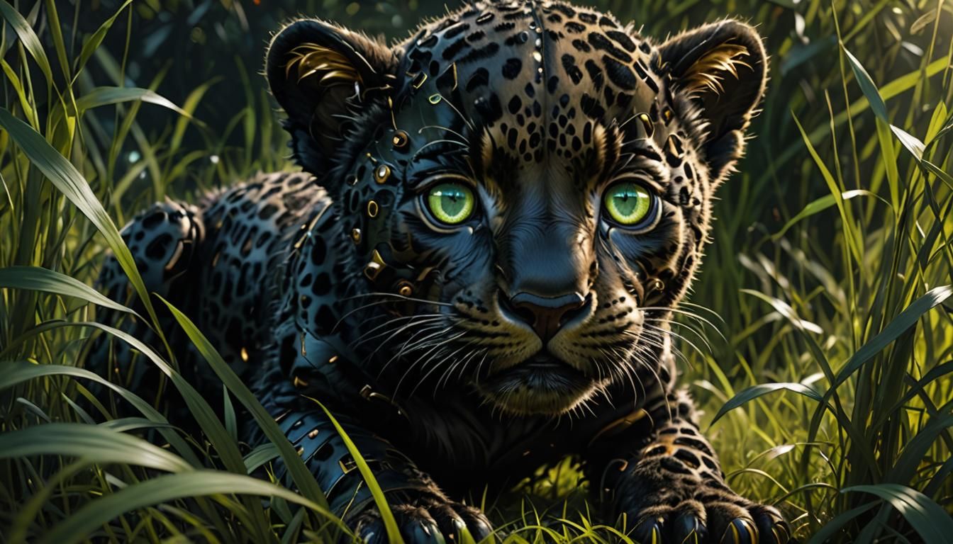 Newborn Black Jaguar Cyborg in Photorealistic Digital Art