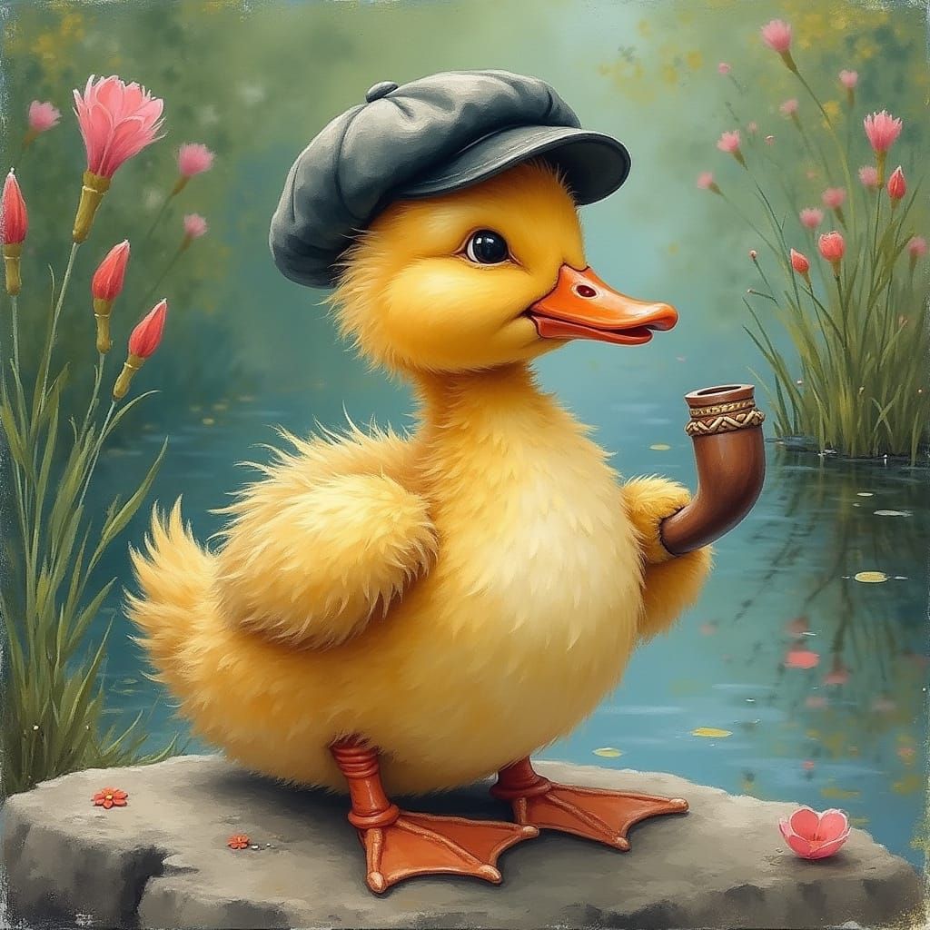Duckling in Vintage Attire as Impressionist Painting