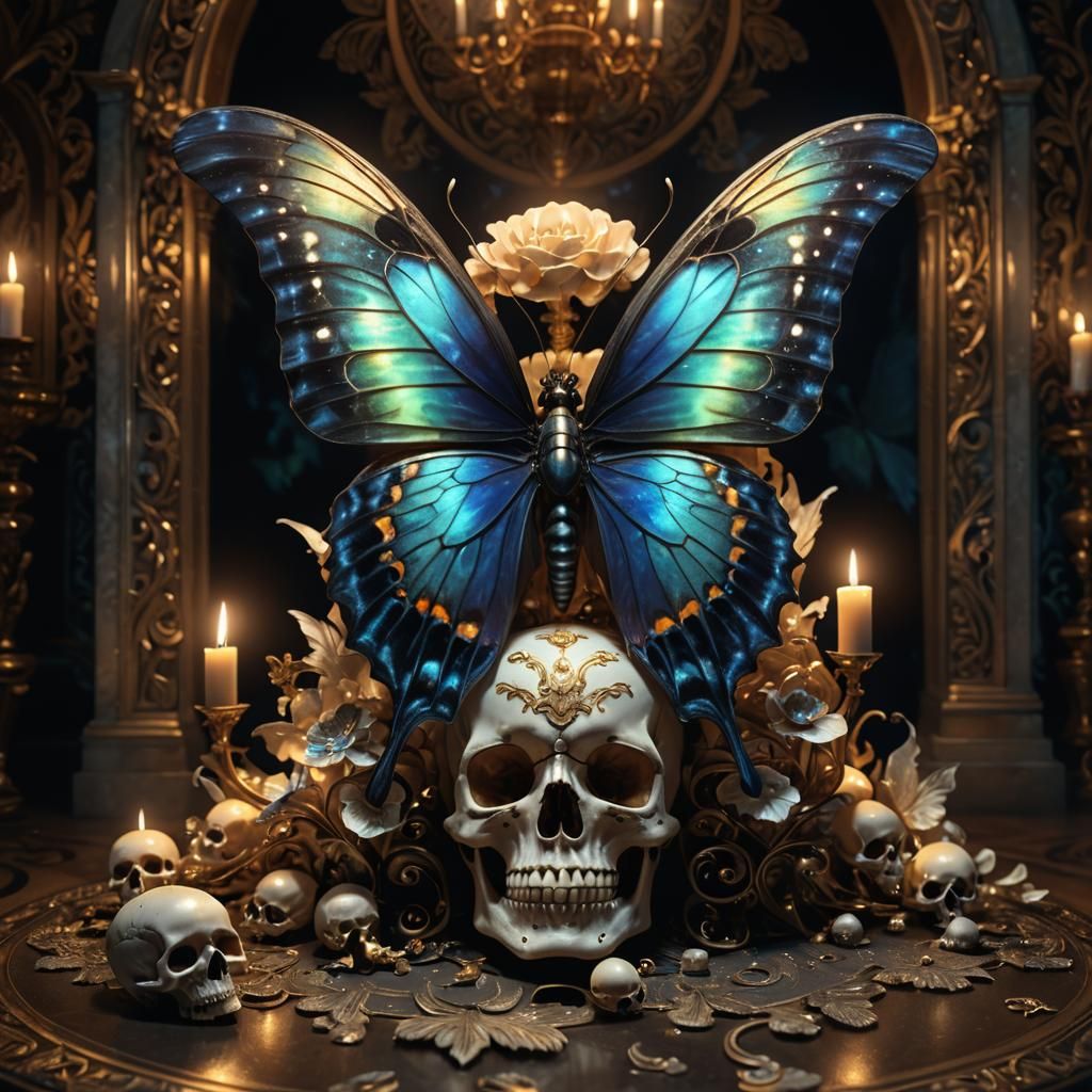 Iridescent Butterfly Perched on Skull: Dark Academia Art