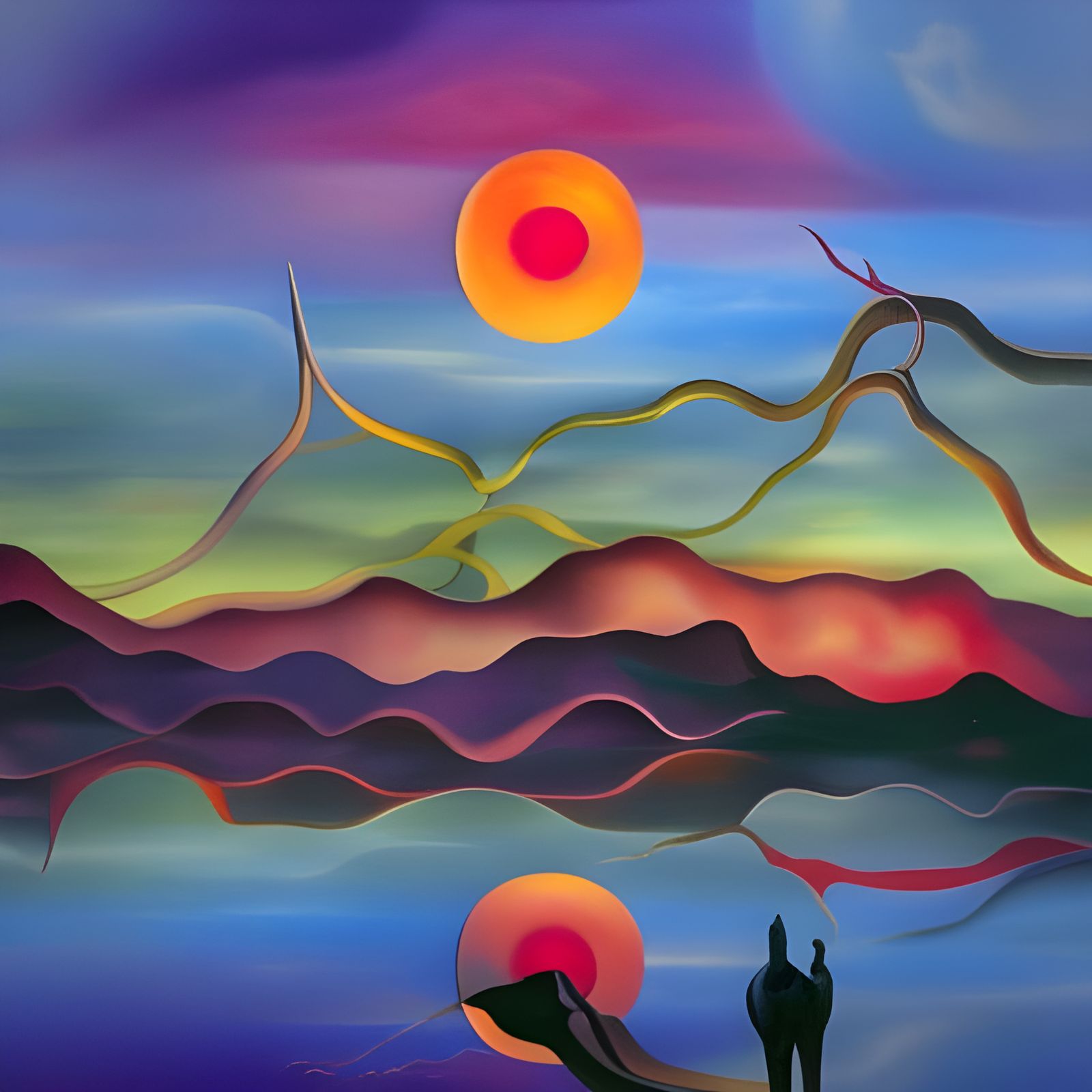 Glowing Gaudi Arches at Lake Sunset, Surreal Oil Painting