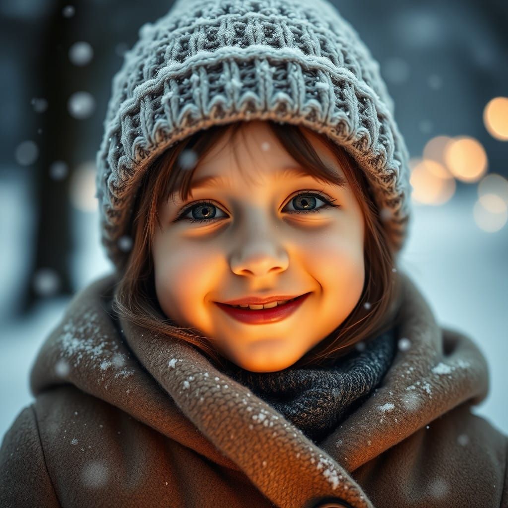 Serene Winter Portrait of a Softly Smiling Girl