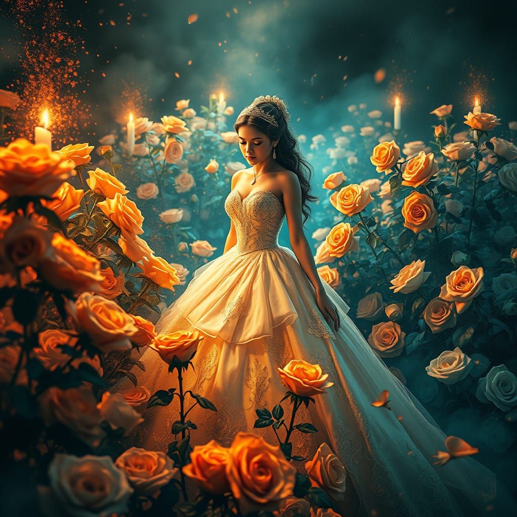 Belle in a Sea of Roses in Elegant Black and White Art