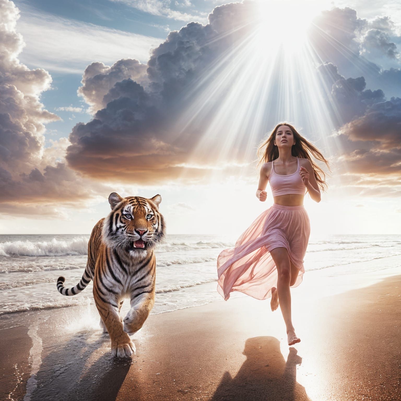 Girl and Pink Tiger Run on Sunny Beach