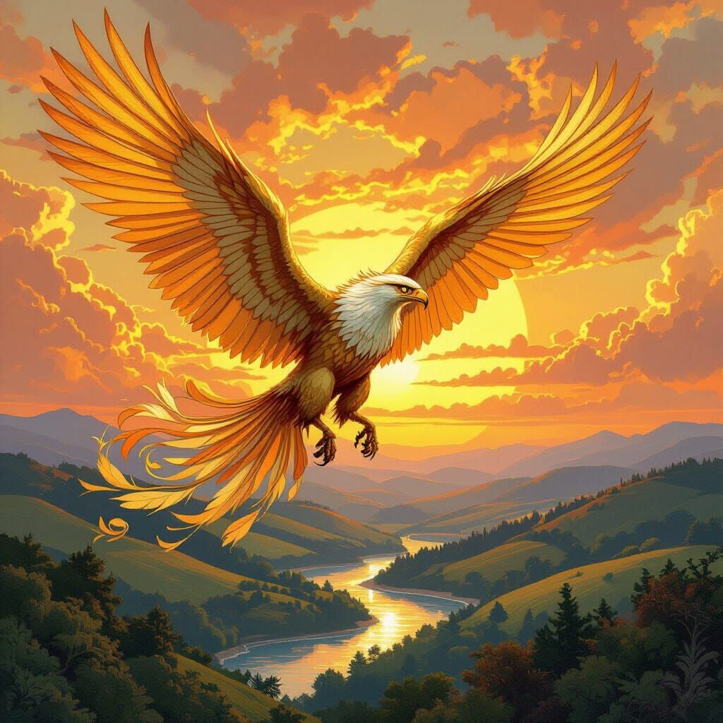 Griffin Soaring Through Sunset Sky, Art Nouveau Style