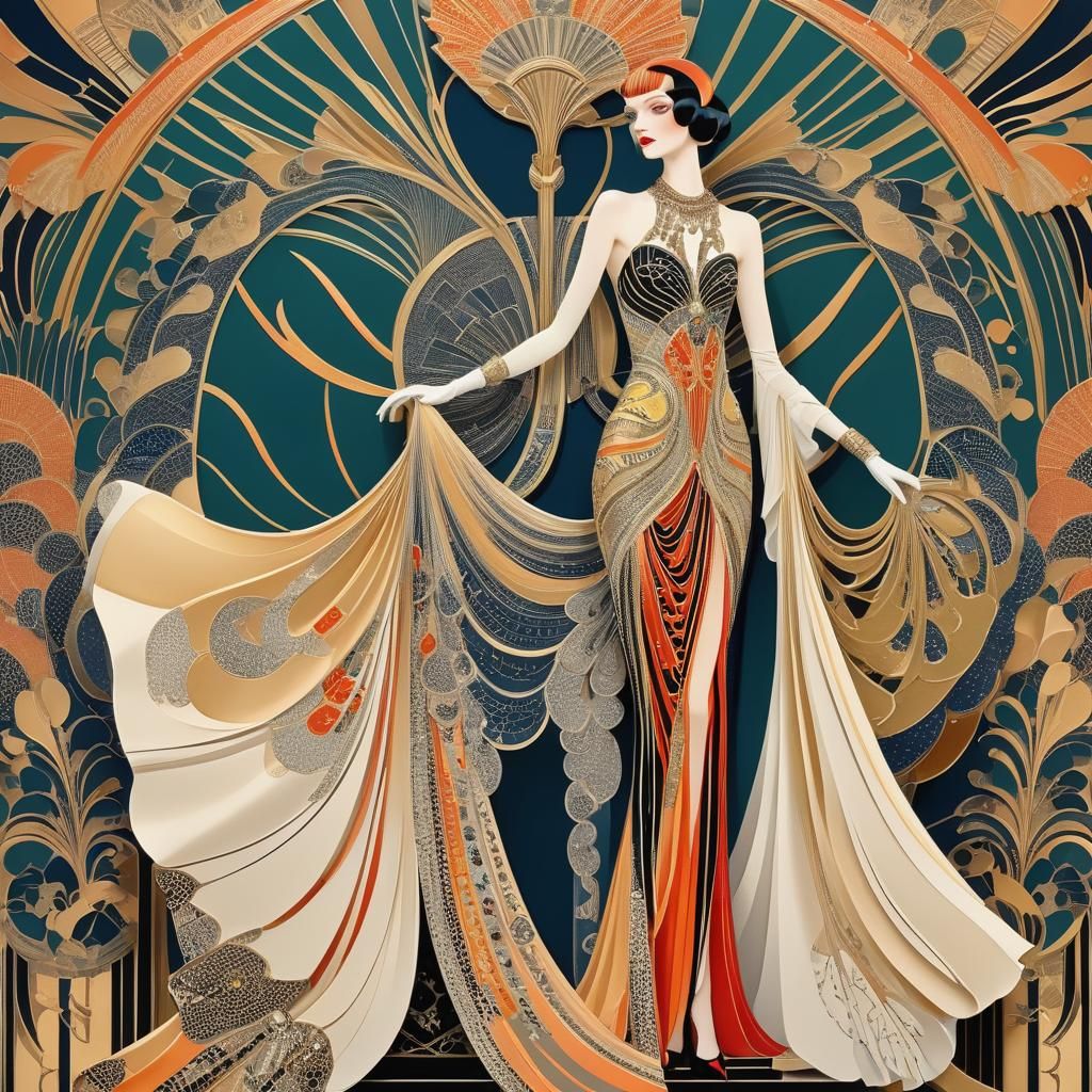 Hypermaximalist High Fashion Model with Art Deco Influences