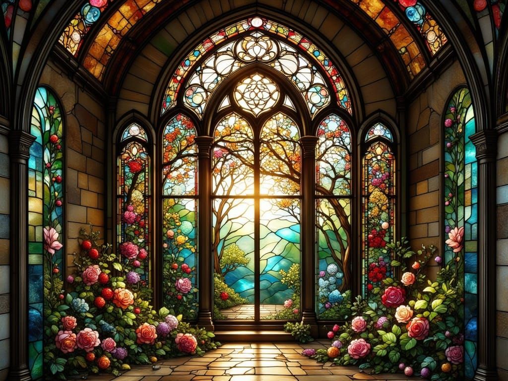 Stunning Stained Glass Rose Window with Light Effects
