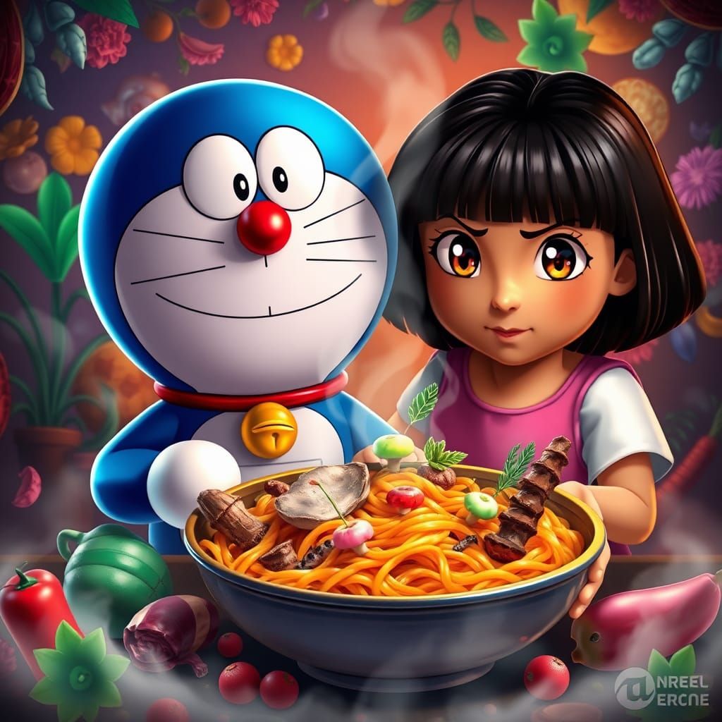 Doraemon and Dora mix noodles from different cultures and time periods