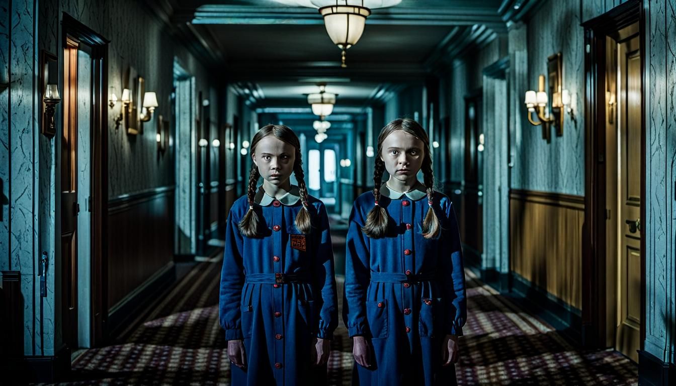 Twins from The Shining standing together in a hallway of an old hotel