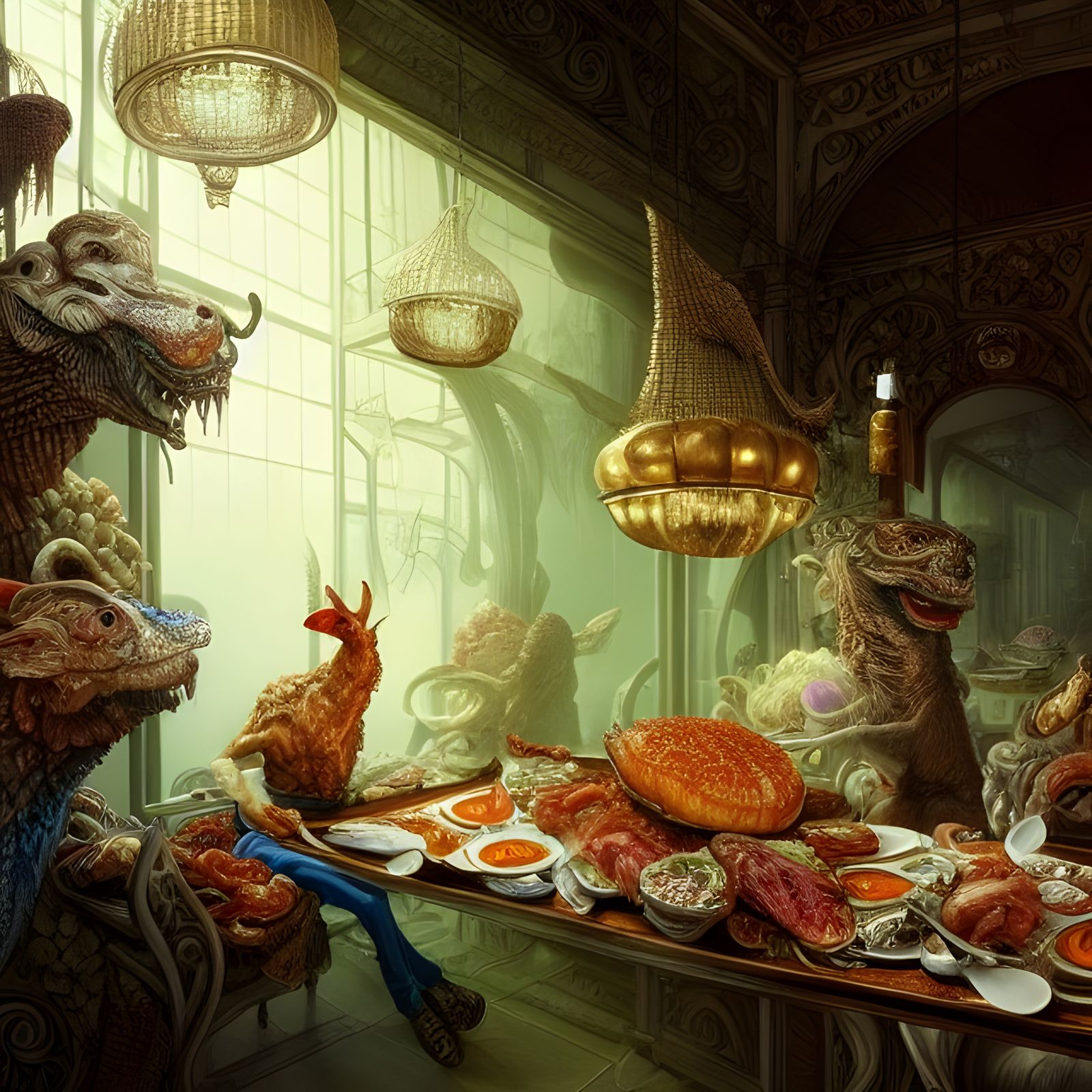 Hyperrealistic Panorama of Waiter Serving Fresh Catch