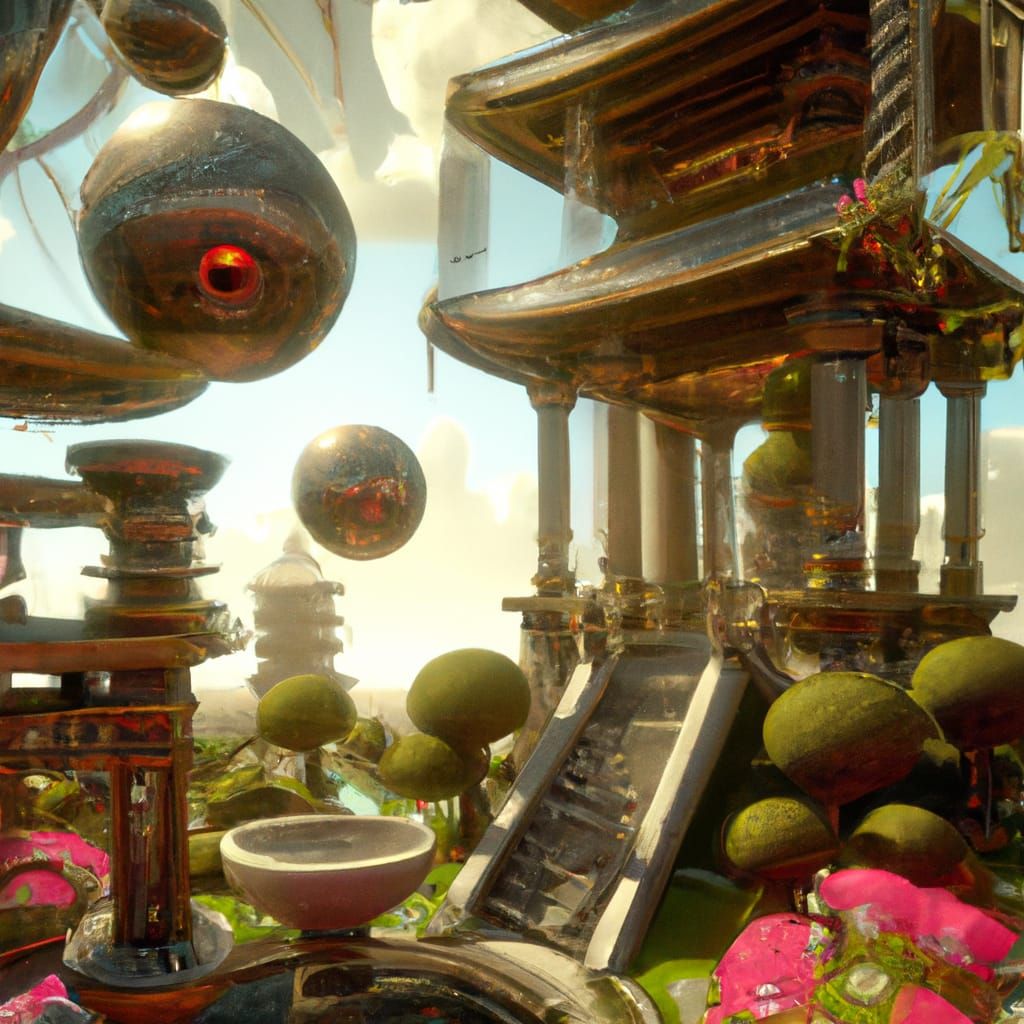 Flying Gaia Temple Garden with Ornaments in 8K