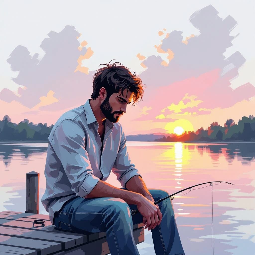 Man Contemplates Sunset on Lake Dock