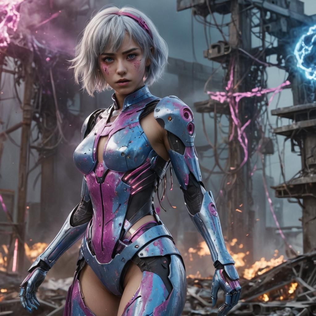 Post-Apocalyptic Cyborg Goddess in Dystopian Landscape