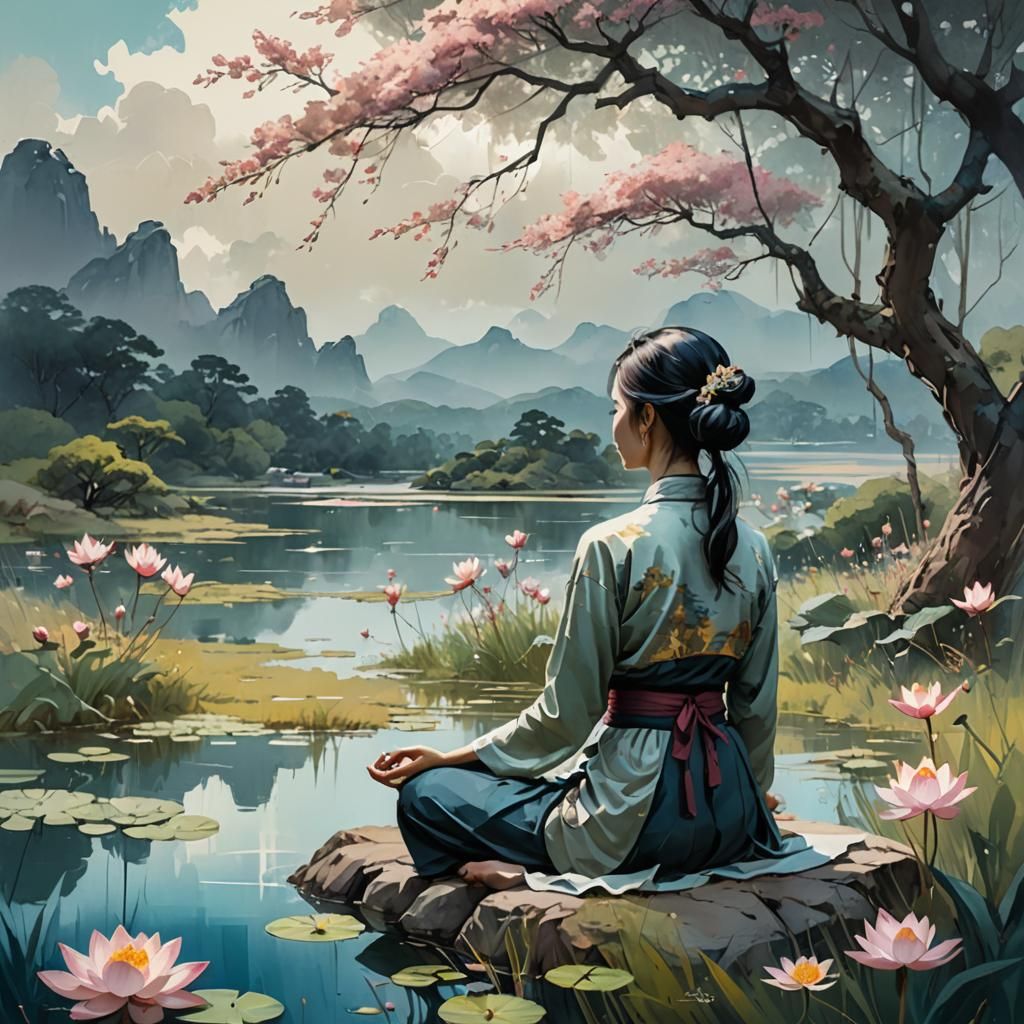 Meditating Woman in Asian Landscape, Watercolor Style