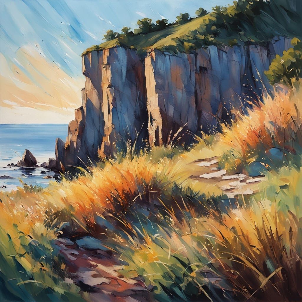 Impressionist Cliffside Gouache Painting at Sunset