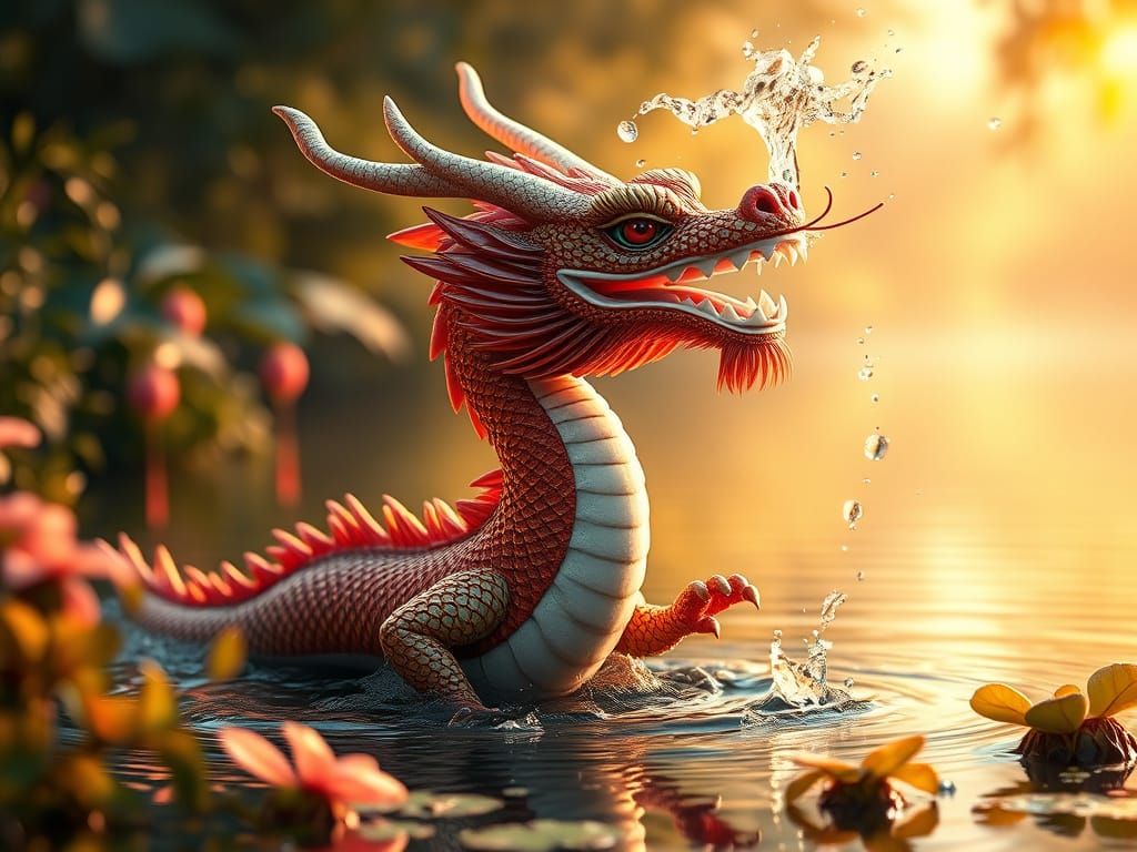 Oriental Water Dragon Juggling Water in Serene Garden