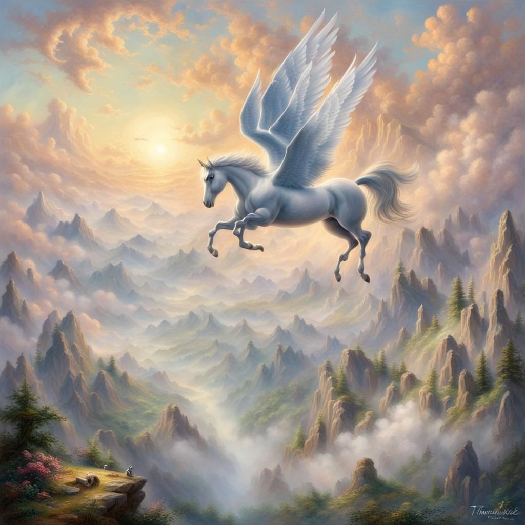Pegasus Flies Over Mount Olympus: Ethereal Fantasy Art