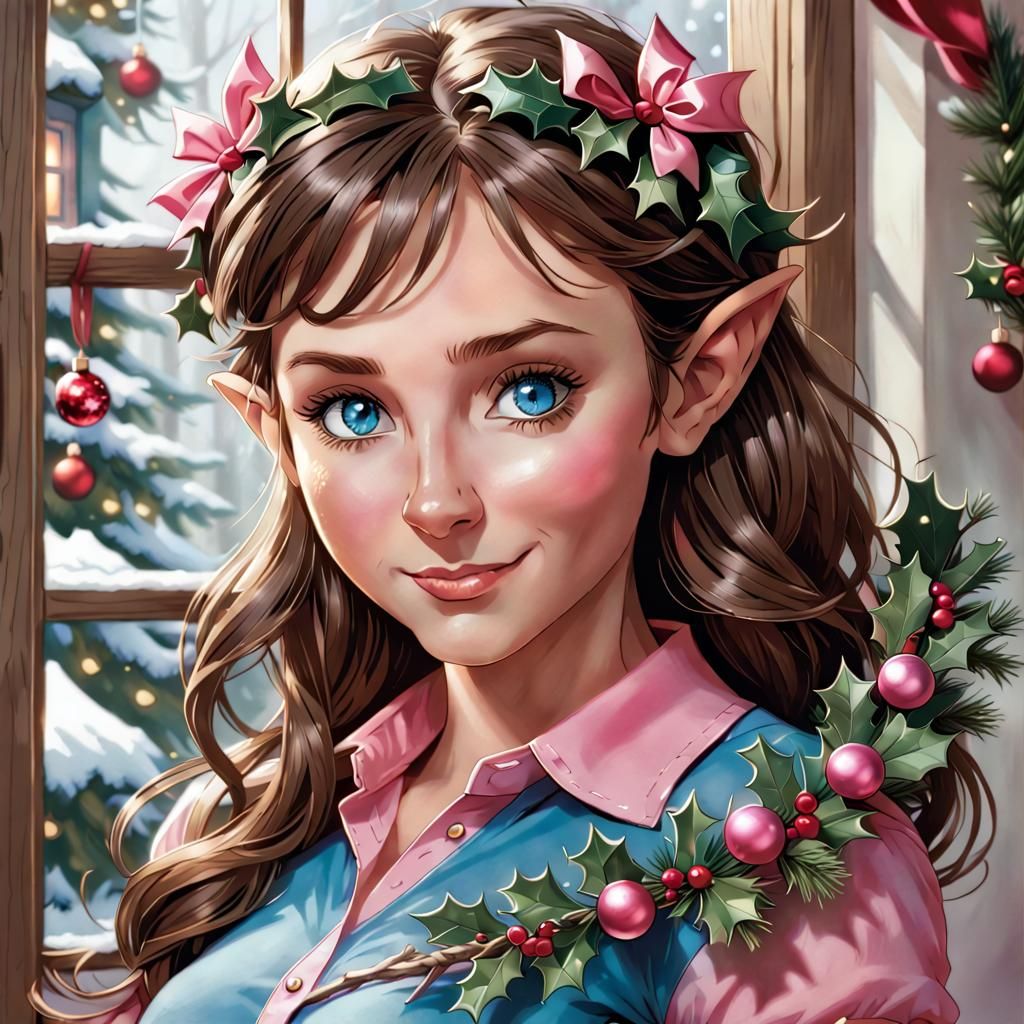 Female Elf Making Christmas Wreath, Comic Book Art