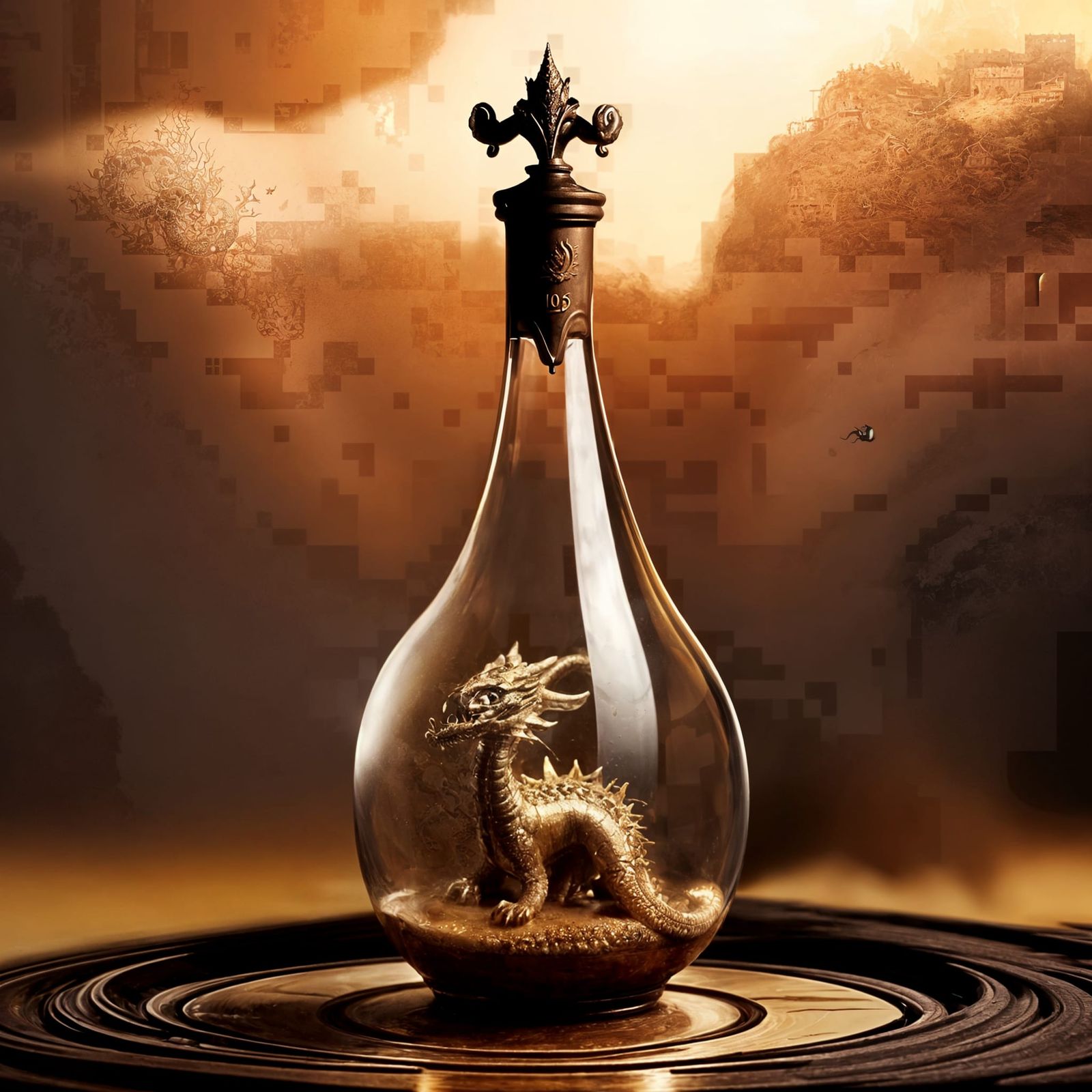 Golden Chinese Dragon Captured in a Bottle