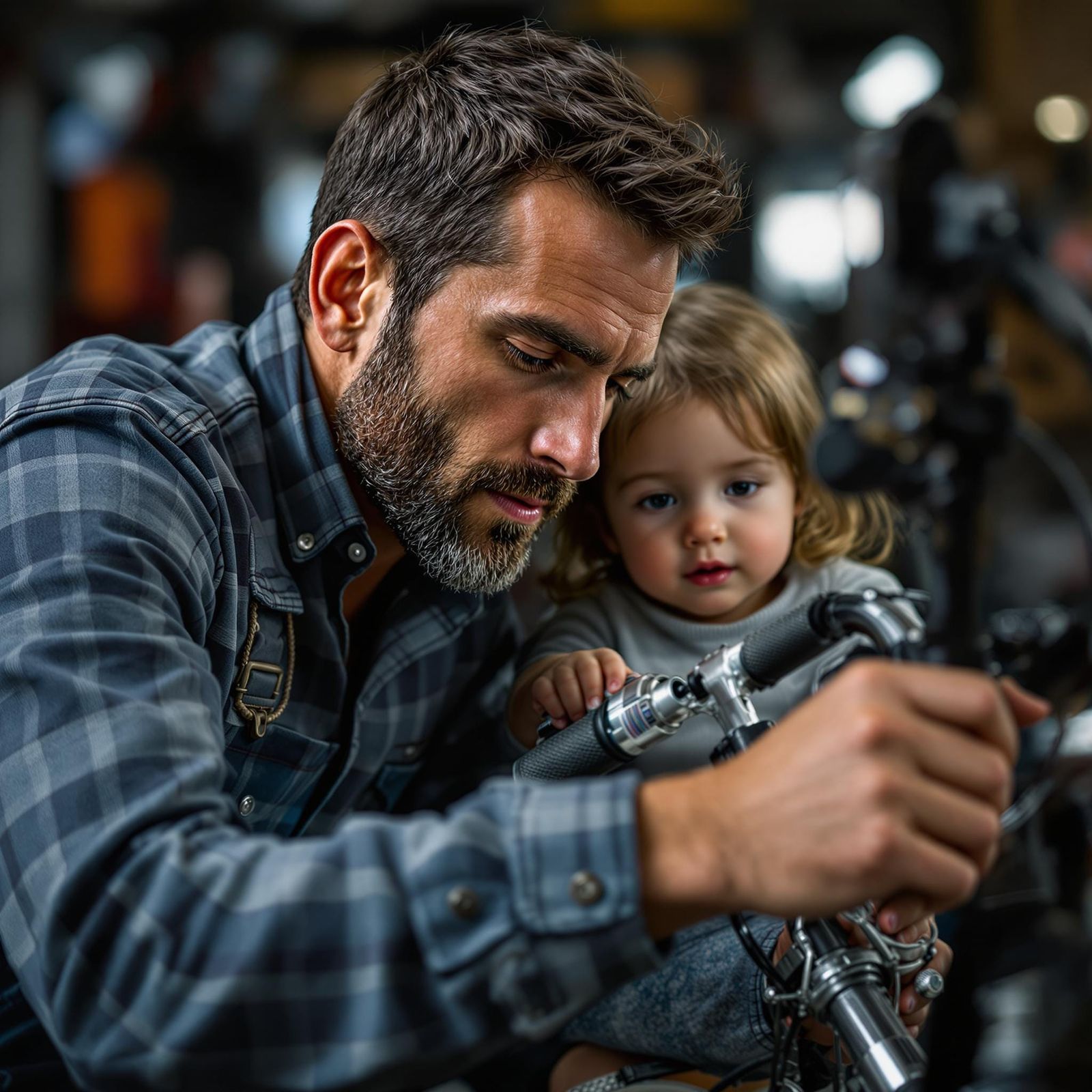 A Handsome Father Repairs a Bicycle in a Close-Up Portrait