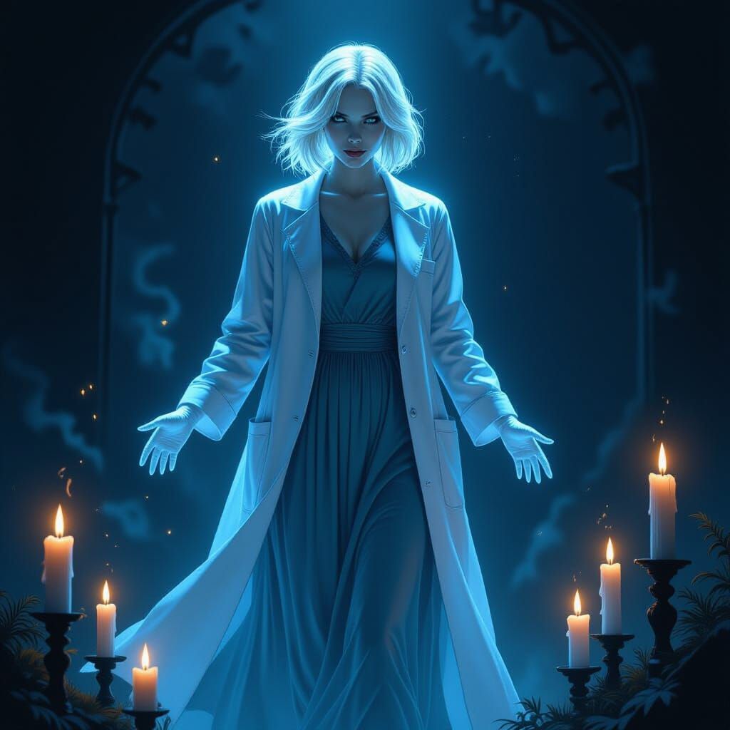 Ethereal Female Ghost in a Haunting Neon Noir Scene