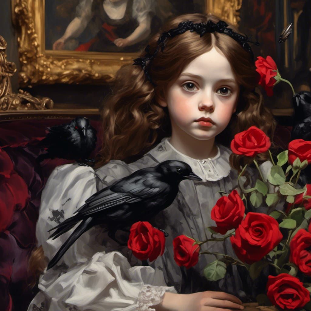 Portrait of Girl with Blackbirds, in Style of Sargent