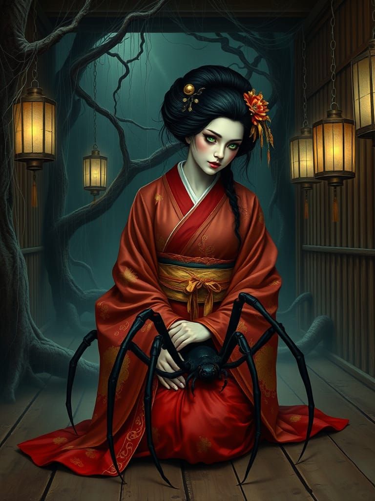 Ethereal Geisha with Spider Legs in Haunting Japanese Teahou...