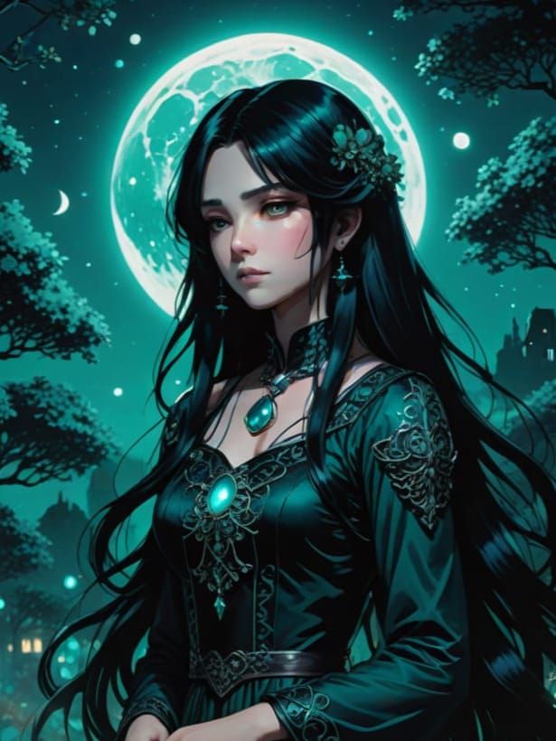 Melancholic Anime Woman in Moonlit Garden