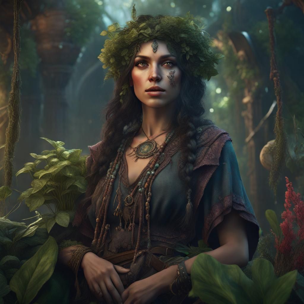 Fantasy Gypsy Druid with Plants in Detailed Painting