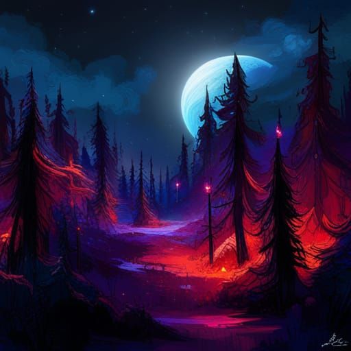 Enchanted Dark Forest Under a Starry Galaxy