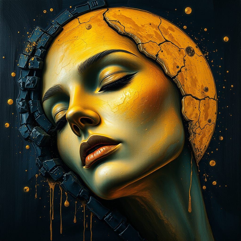 Serene Golden Moon Goddess in Deep Blue Haze