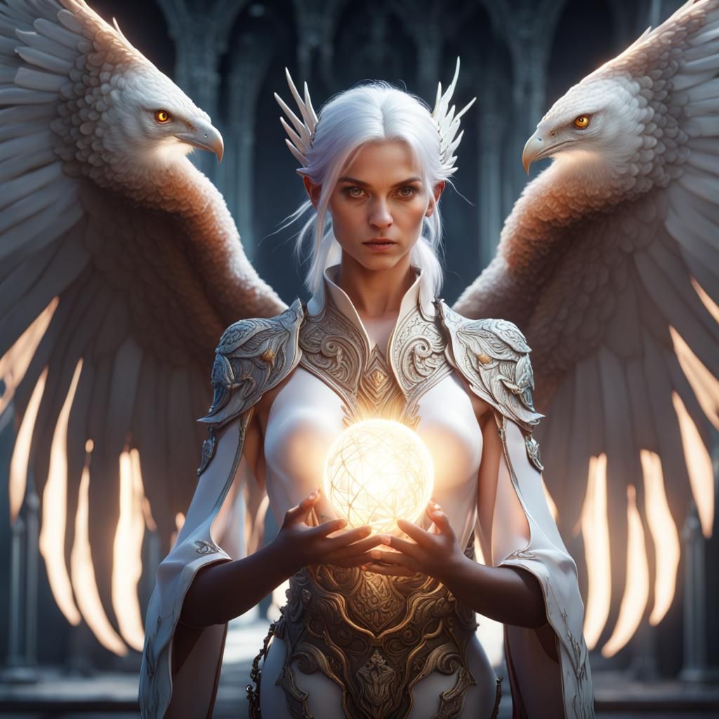 Harpy Holds Light Source: Detailed Matte Painting