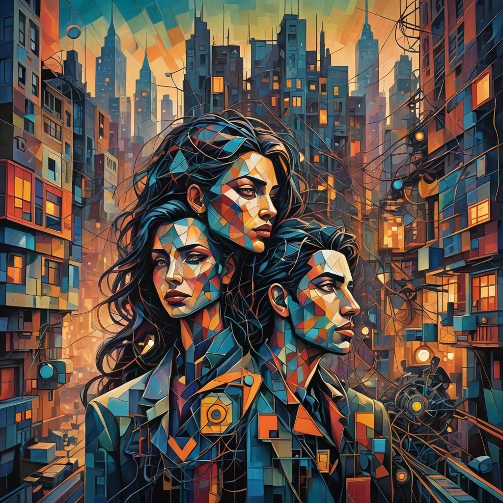 Geometric Cubist Cityscape at Dusk with Vibrant Colors