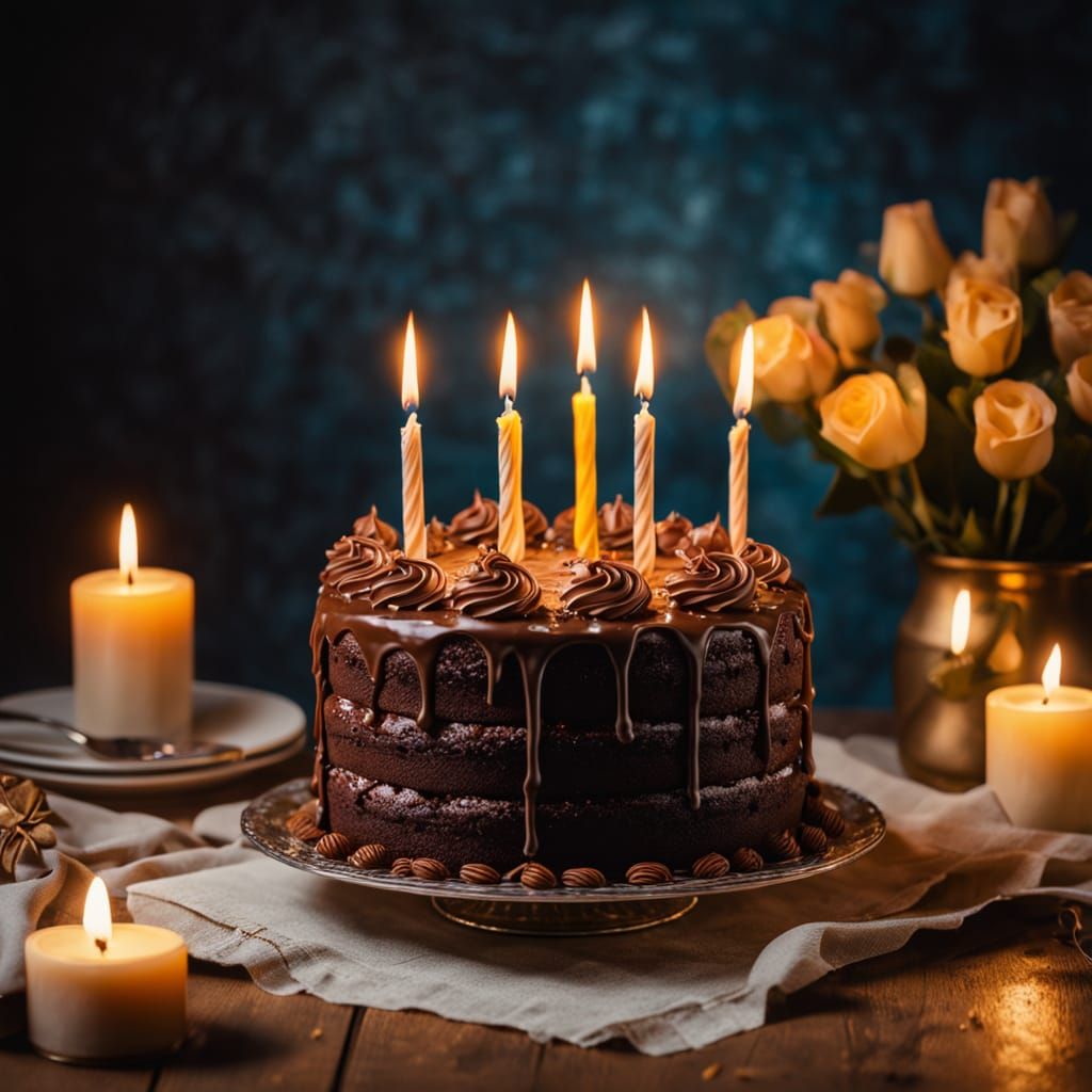 Hyper-Realistic Chocolate Birthday Cake in Warm Candlelight