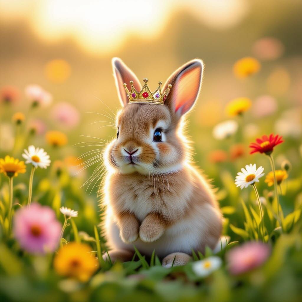 Fluffy Bunny in Wildflower Crown with Warm Sunlight