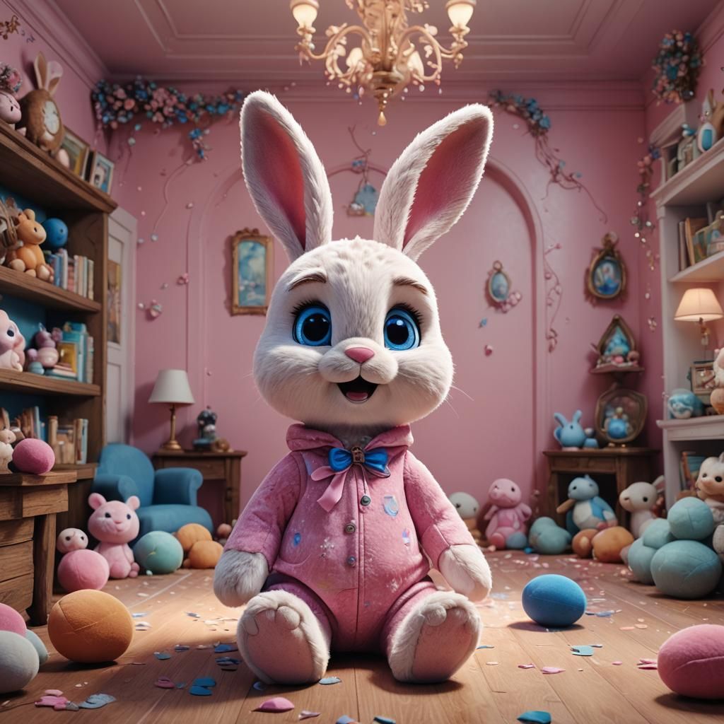 Pink Plush Bunny in Disney Room: 8K Artstation Quality