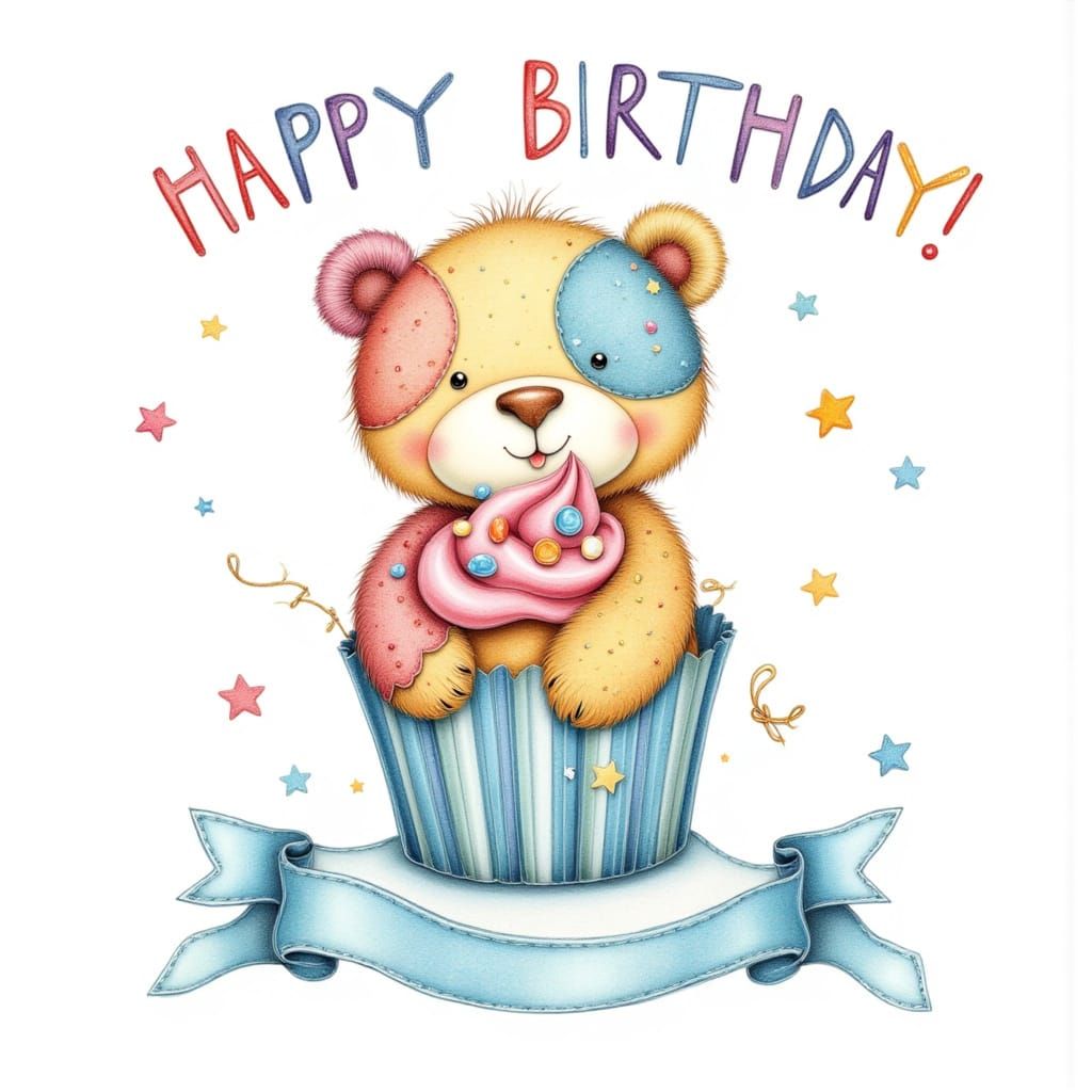 Whimsical Teddy Bear with Cupcake Birthday Banner