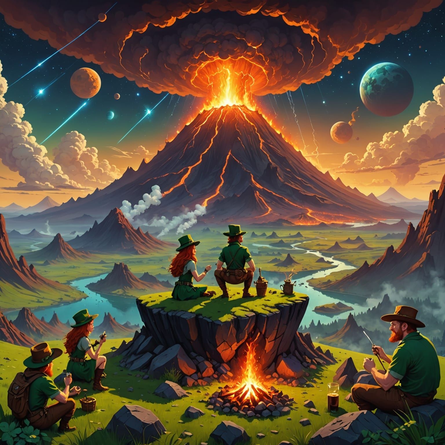 Mythical Picnic on Alien Volcano Landscape