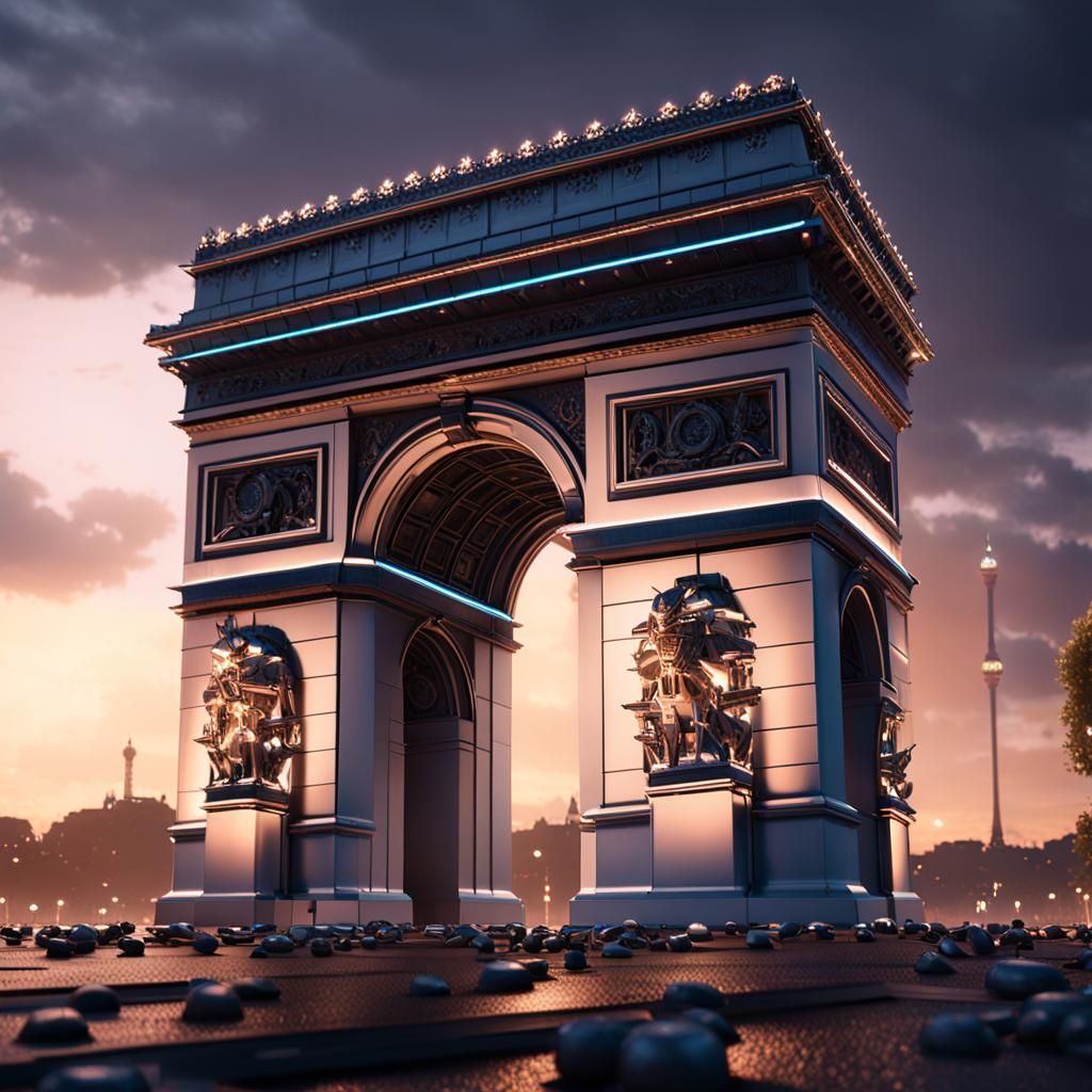 Futuristic Arc de Triomphe at Night in 8K