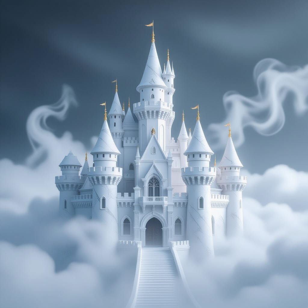 Majestic White Marble Castle in Ethereal Fog