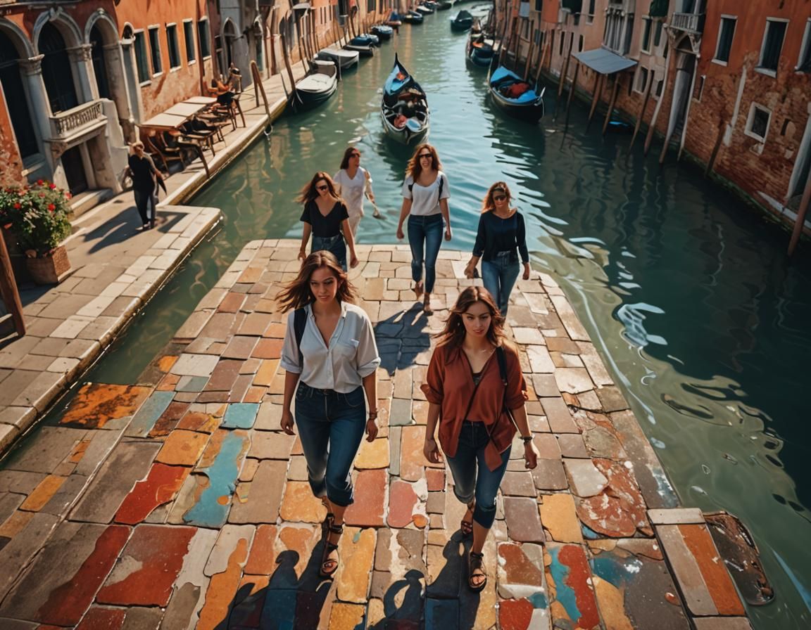 Hyperrealistic View of Women Walking in Venice