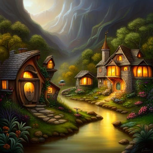 Cozy Hobbit Village in Afternoon Rain