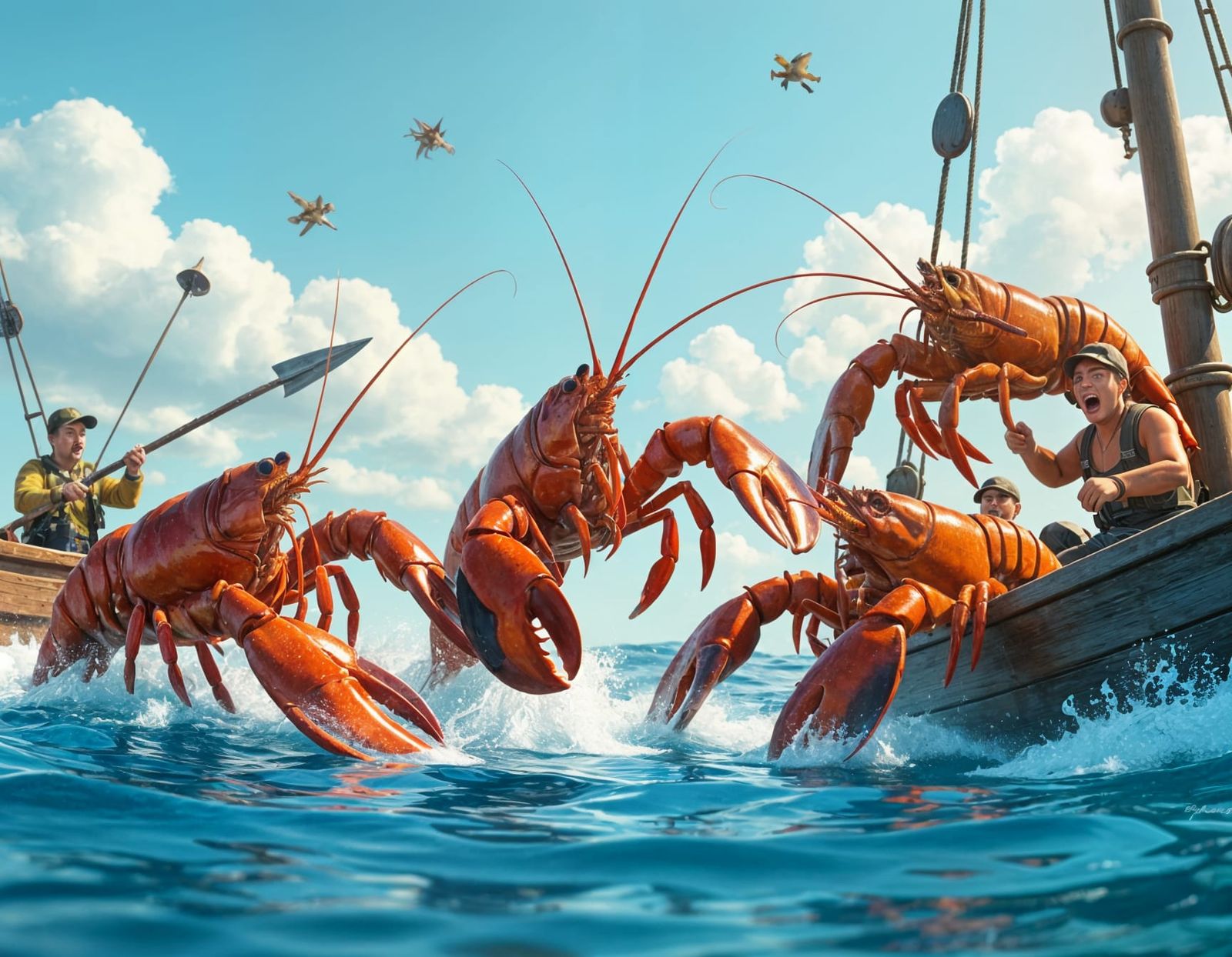 Lobster Attack on Fishermen: 3D Digital Art